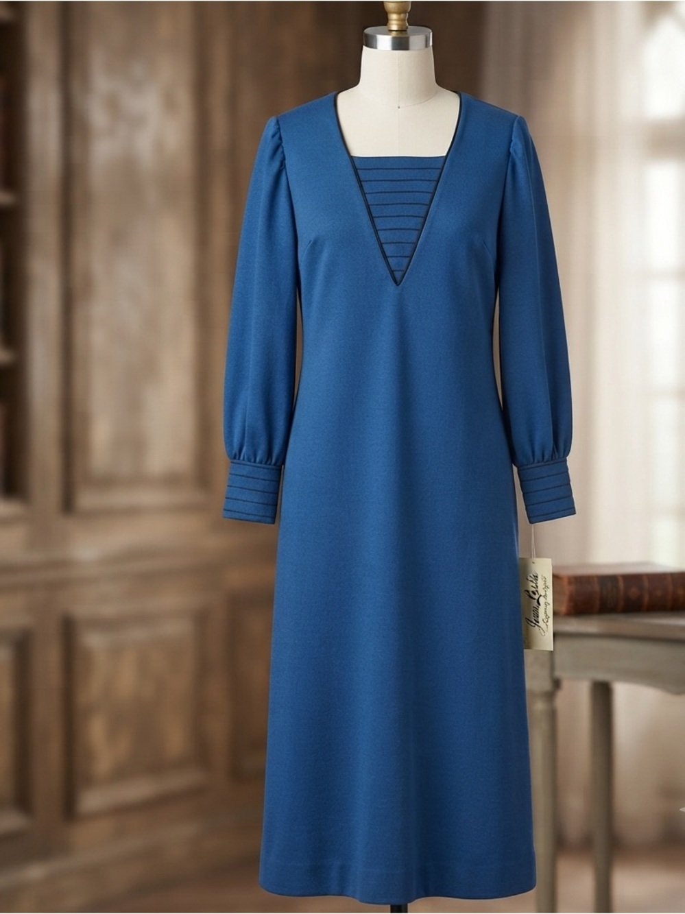 Vintage 70s 80s Jean Leslie Blue Wool Blend Dress Size 14 NWT Unworn Union Made